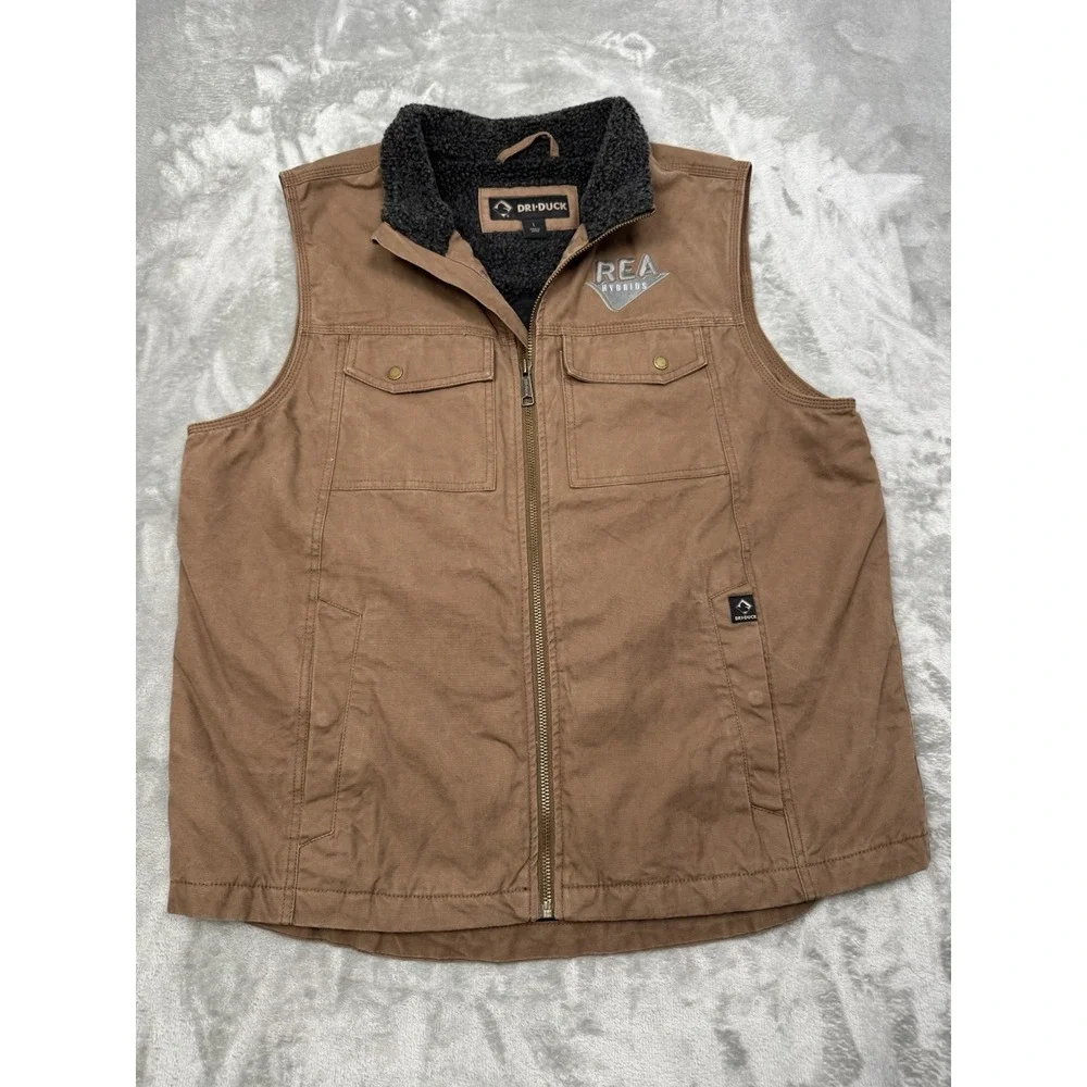 Dri Duck Vest Mens Large Brown Canvas Sherpa Quilted Full Zip Workwear Utility